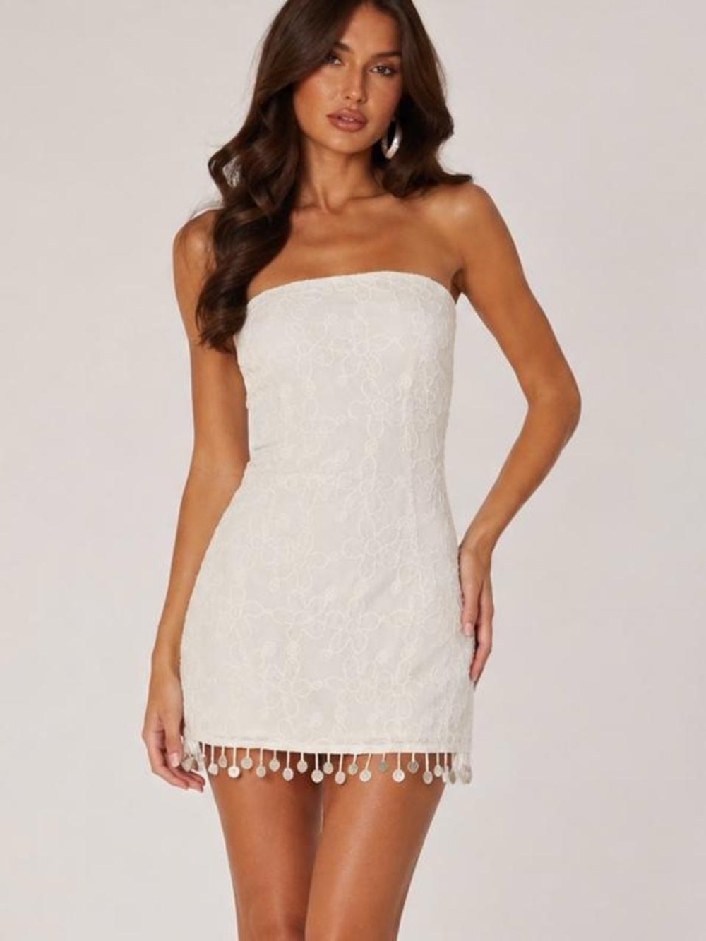 Princess Polly Strapless Lace Mini Dress in White with Pom Trim